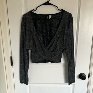 Divided Black Long Sleeve Wrap Crop Blouse